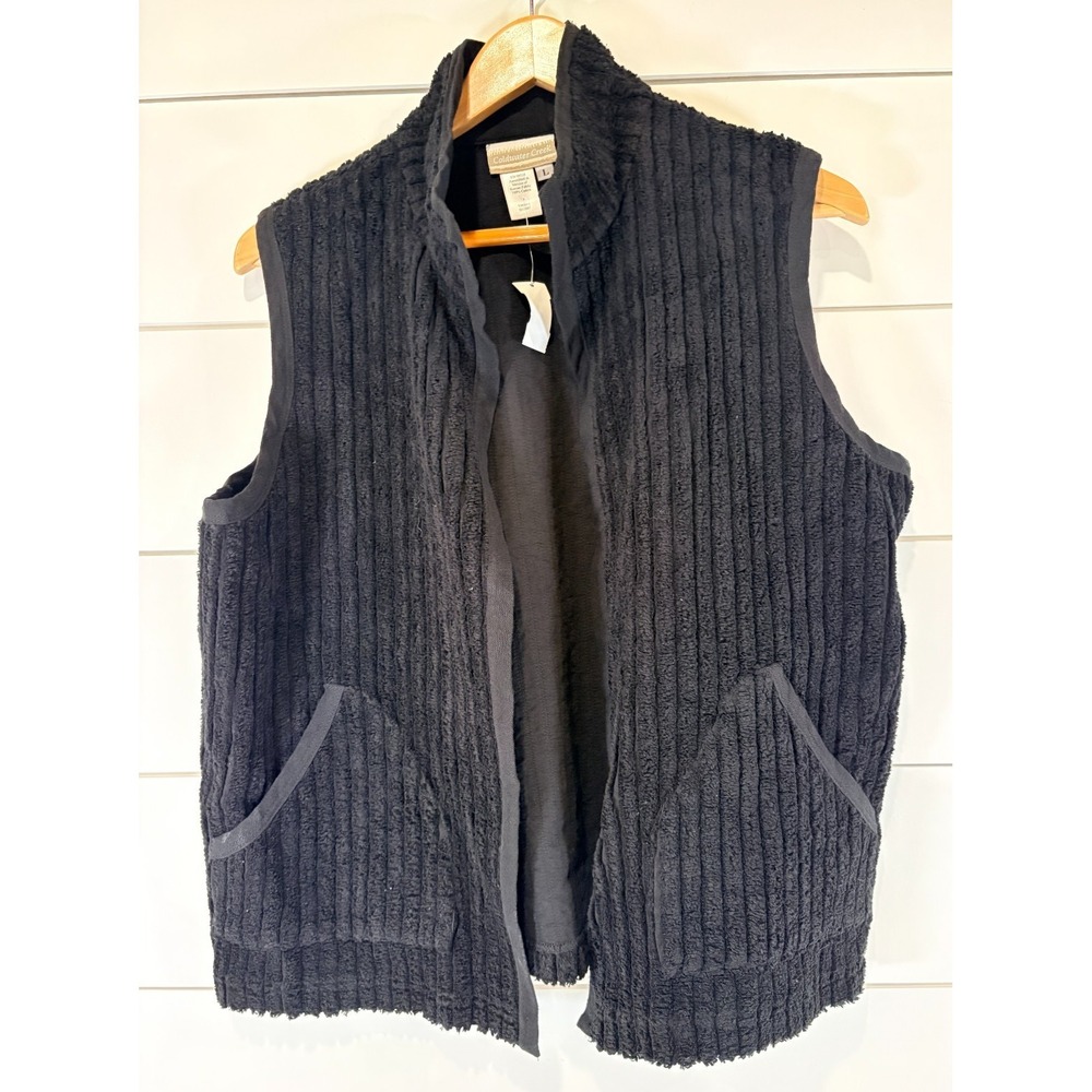 Vintage Coldwater Creek Black Ribbed Fleece Vest Zip Size Large L NEW NWT